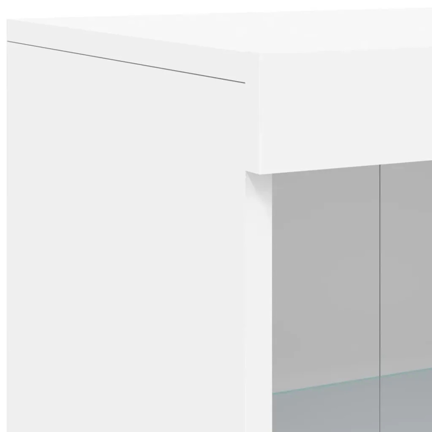 Detailansicht: Weißer vidaXL Beistellschrank/Büroschrank mit Glasablage und LED-Beleuchtung.