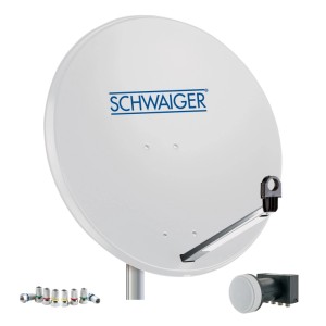 Weißes Schwaiger Antennen-Set 75 cm mit Satellitenschüssel, Quad-LNB und farbigen F-Steckern für SAT-Anlagen.