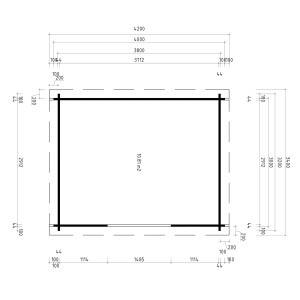 Grundrisszeichnung des Fjordholz Gartenhaus Modell Max 44 G, Maße und Details.