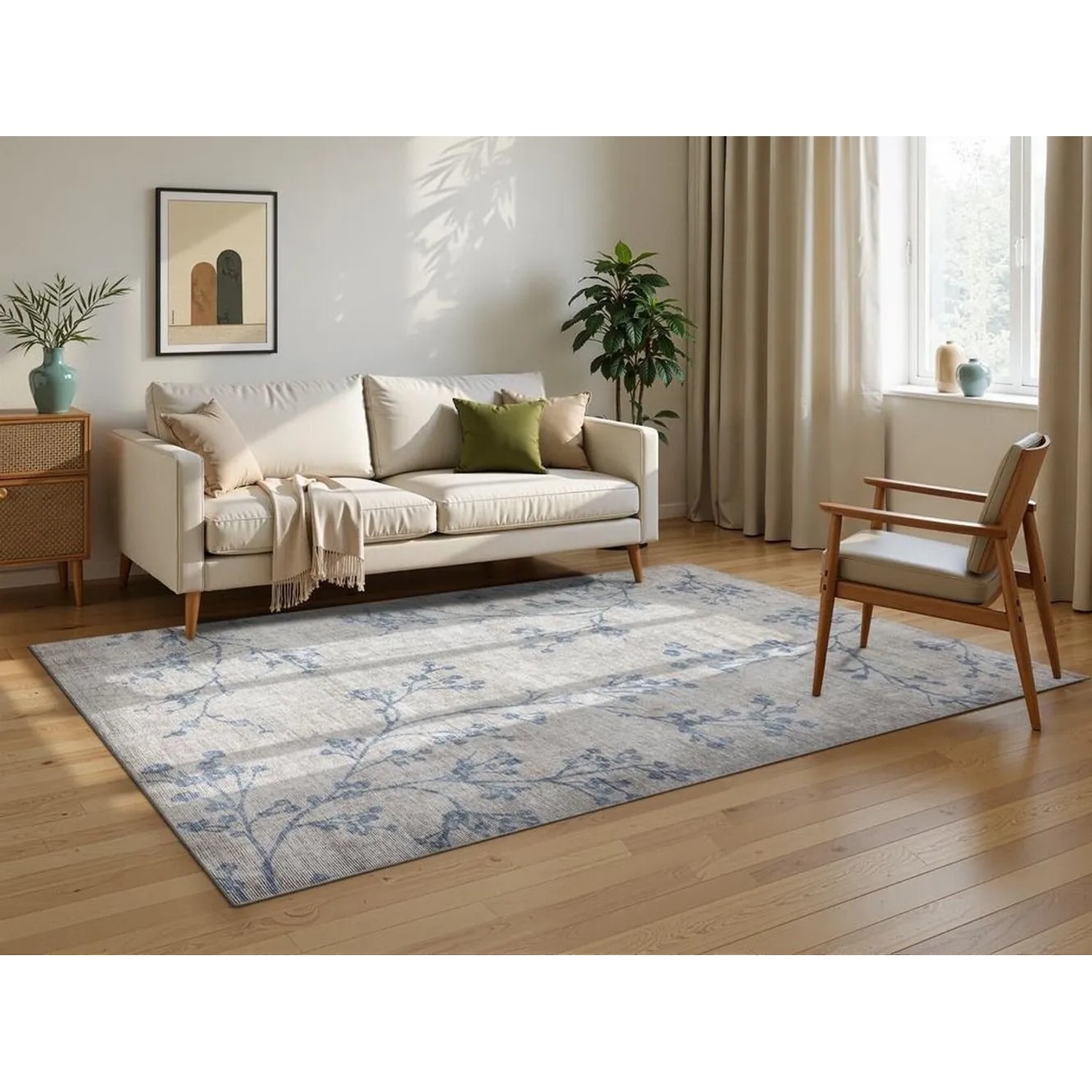 Vercai Rugs Teppich Script Blüten Beige Blau 160x230cm. Rutschfester Chenille-Teppich mit blauen Blüten im Wohnzimmer.