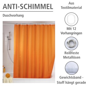 Wenko Anti-Schimmel Duschvorhang Uni Orange, 180x200 cm, mit Metallösen und 12 Ringen.