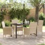 Beige 5-tlg. Garten Essgruppe aus Poly Rattan mit Tisch und 4 Stühlen mit Kissen.