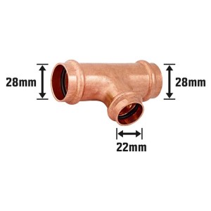 Kupfer Press-Reduzier-T-Stück, 28 mm x 22 mm x 28 mm, für Kupferrohre in der Sanitärinstallation.