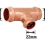 Kupfer Press-Reduzier-T-Stück, 28 mm x 22 mm x 28 mm, für Kupferrohre in der Sanitärinstallation.