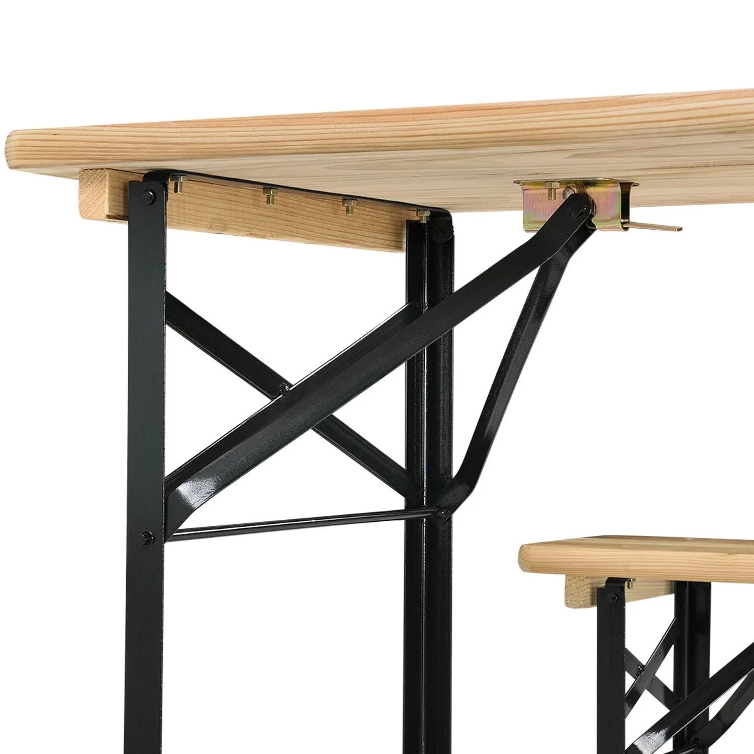 Detailansicht Bierzeltgarnitur: Tischplatte Tannenholz, schwarzes Metallgestell, klappbar.