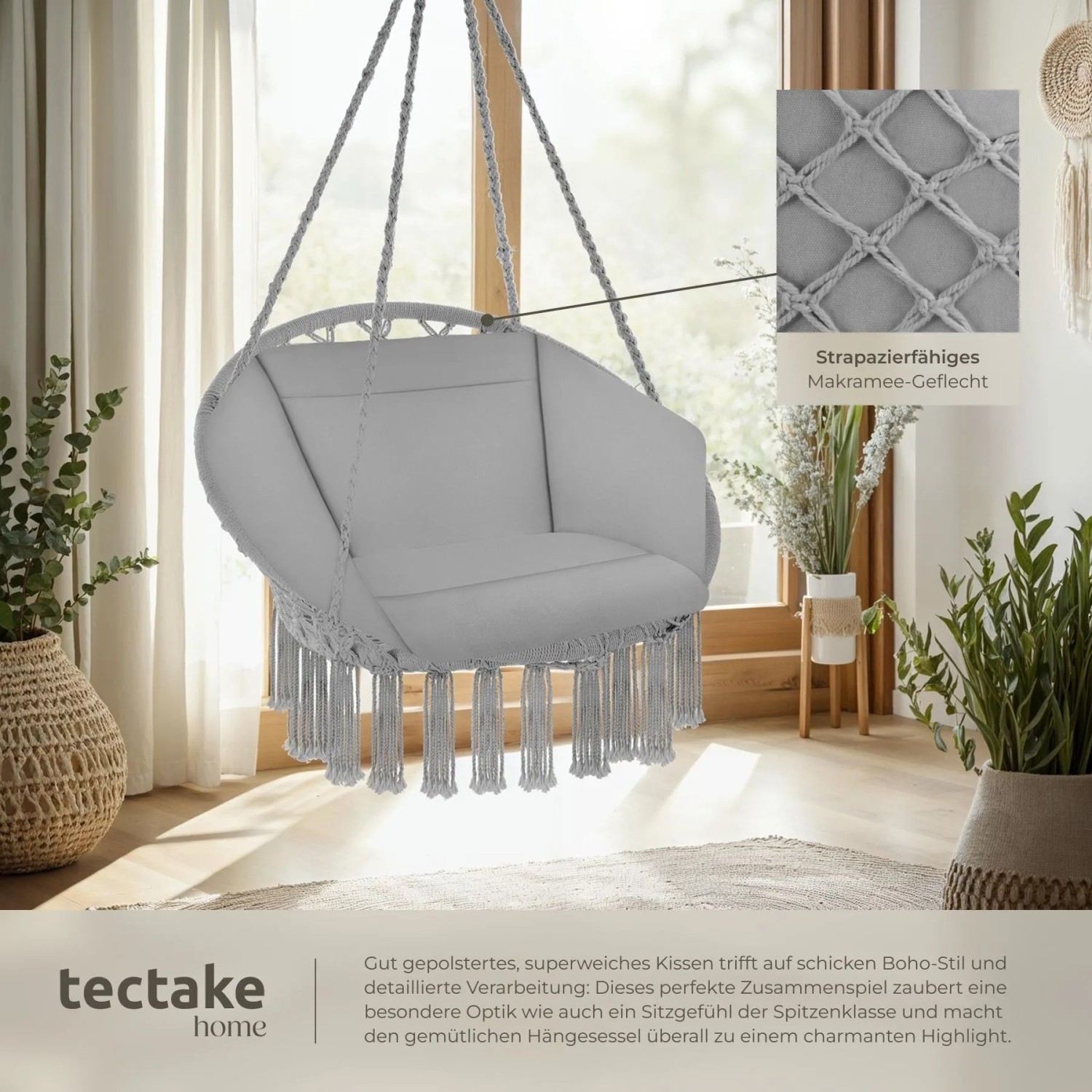 Tectake Hängesessel Grazia Mit Sitz  und Rückenpolster Stabil und Strapazierfähig  72 x 80 x 125 cm Grau_5
