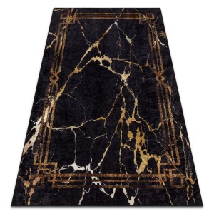 Schwarzer RugsX Teppich Miro mit goldenem Marmor- und Rahmenmuster, 140x190 cm.