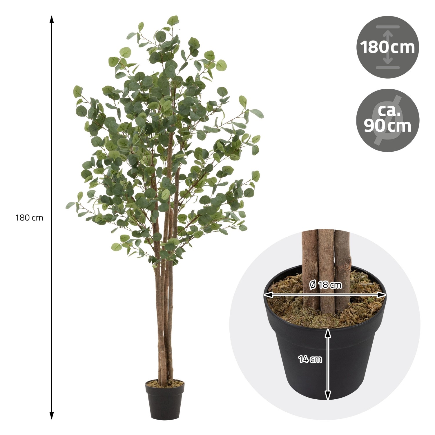 ML-Design künstlicher Eukalyptus Baum, 180cm hoch, mit Naturholzstamm im Topf.