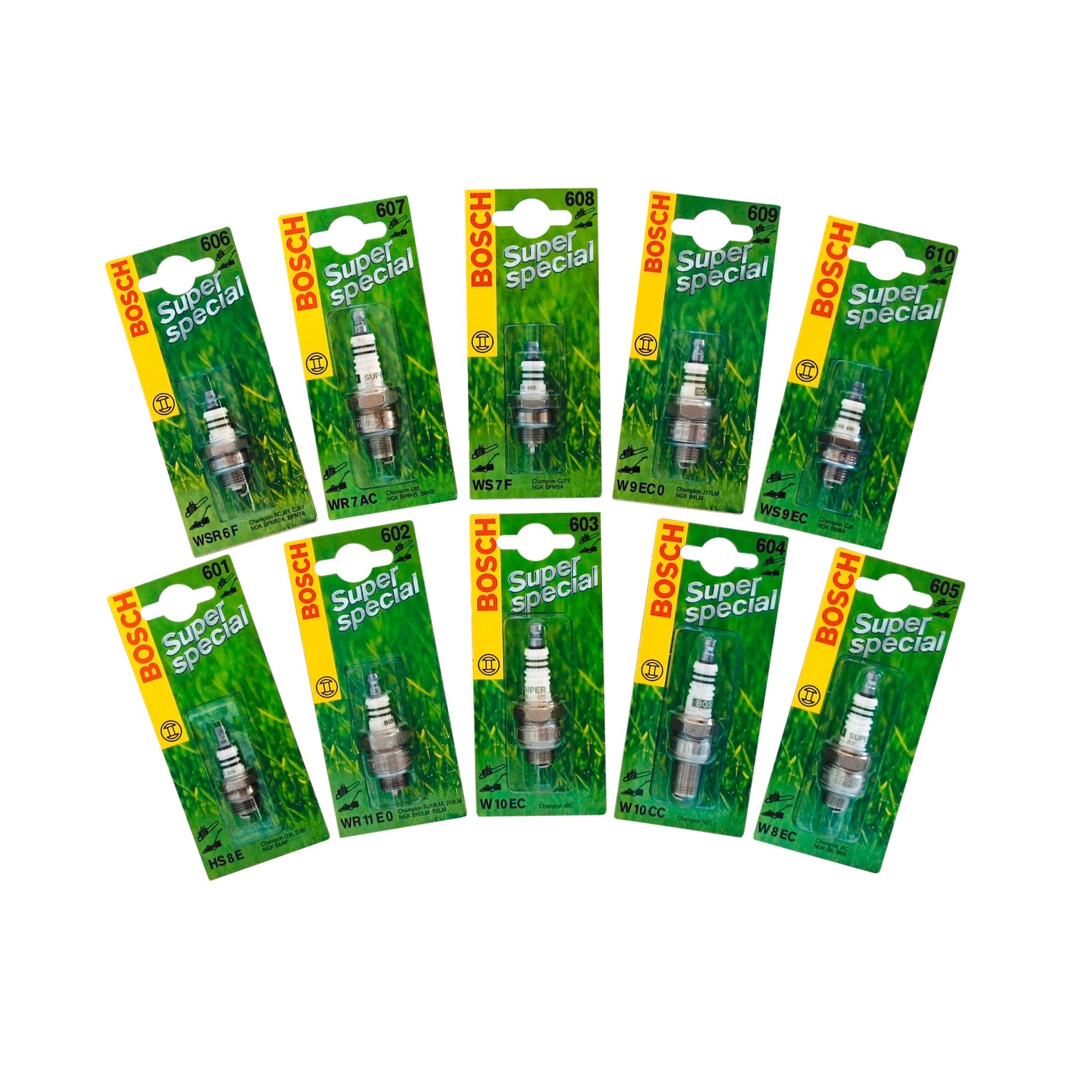 Bosch Zündkerzen WSR6F KSN 606 im Set, geeignet für Gartengeräte wie Rasenmäher und Kettensägen.