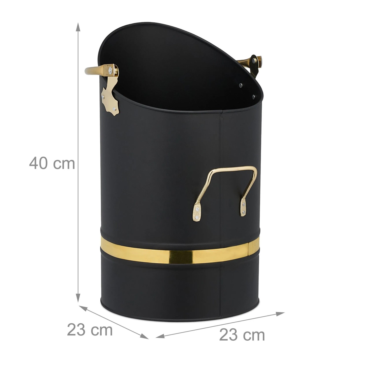 Schwarze Relaxdays Kohlenschütte aus Eisen, 12 Liter, mit goldenen Akzenten. Zubehör für Kamin und Ofen.