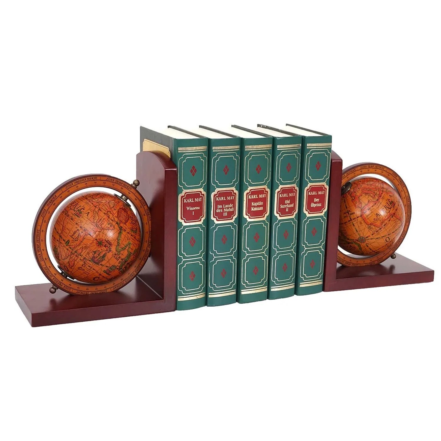 2er-Set braune Buchstützen mit drehbaren Weltkugeln und antiker Weltkarte. Ideal für Bücher und Dekoration.