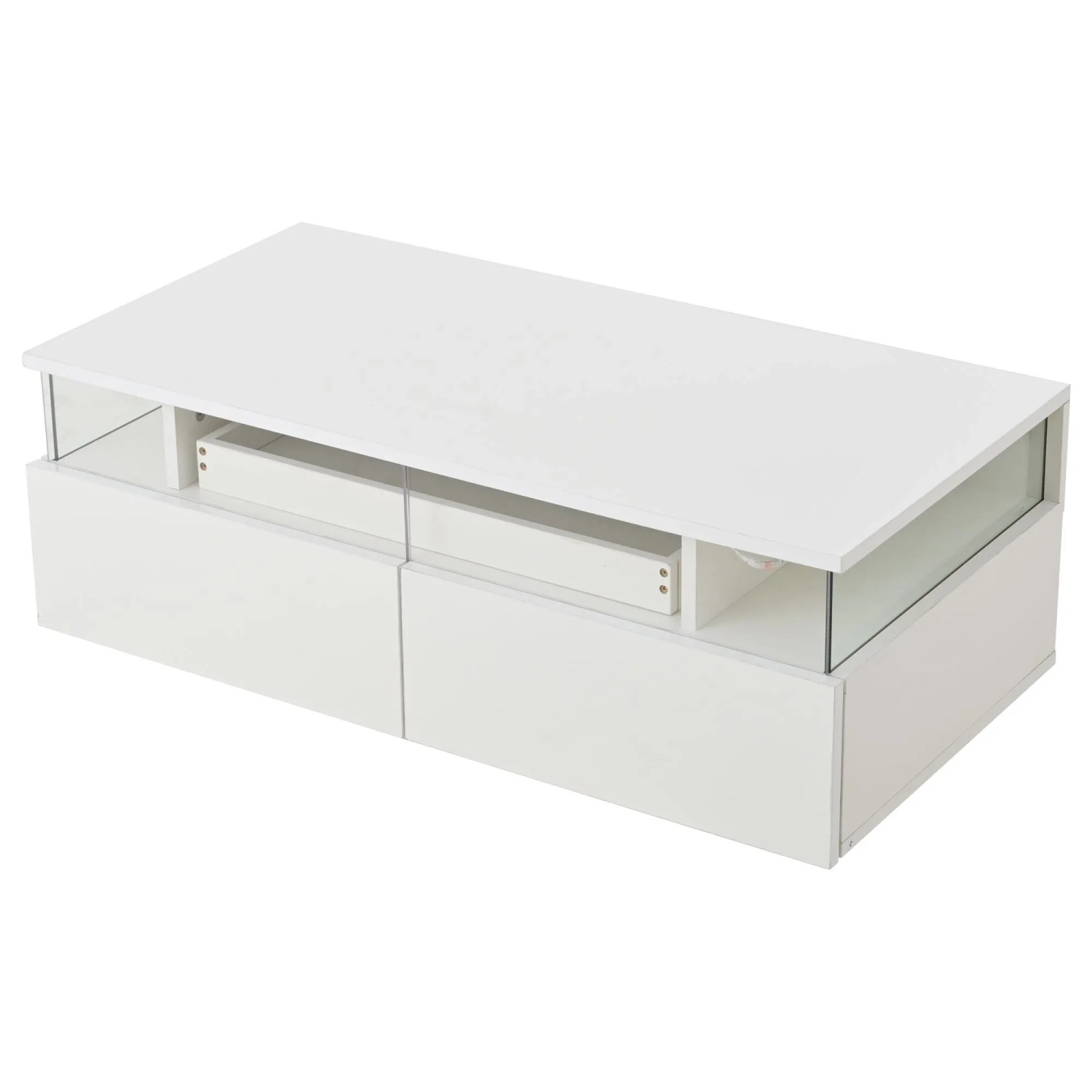 okwish Couchtisch mit LED Licht Schubladen Tablett Gehärtetem Glas 90x45x35.5cm Weiß