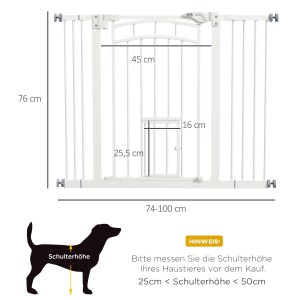 PawHut Türschutzgitter, weißes Hundeabsperrgitter aus Stahl, verstellbar von 74-100 cm, mit kleiner Tür.