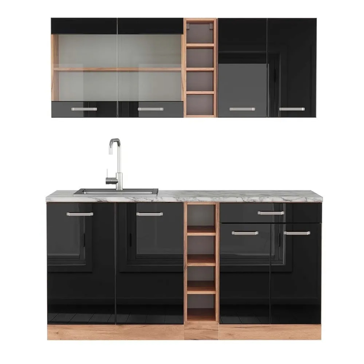 Vicco R-Line Singleküche Schwarz Hochglanz Goldkraft Eiche 160 cm AP Marmor ohne E-Geräte