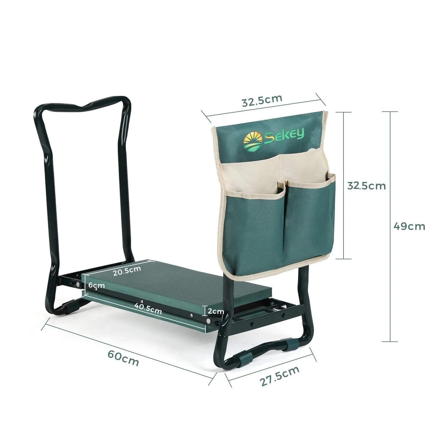 Sekey Kniebank 2 in 1, grün, gepolstert, klappbar, mit schwarzem Metallrahmen und praktischer Werkzeugtasche für Gartenarbeit.