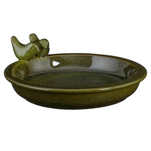 Grüne Keramik Vogeltränke (Ø 30cm) mit Vogel-Dekor für den Garten.