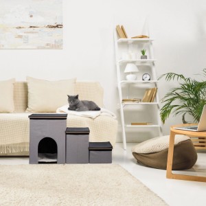 Relaxdays Hundetreppe Polyester MDF Grau Schwarz Faltbar mit Höhle 41,5 cm x 72 cm x 33 cm 6,5 kg