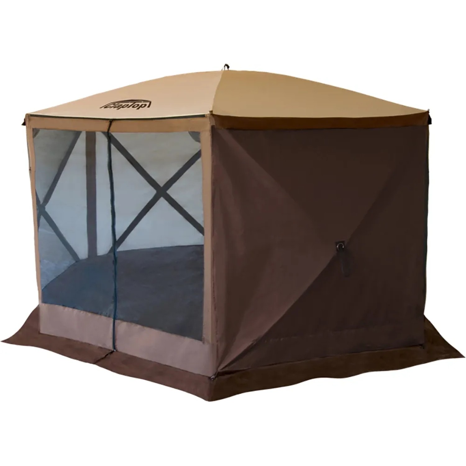 Faltpavillon ClapTop 600, 366x366 cm, braun/beige, mit Moskitonetz. Ideal für Camping und Festivals.