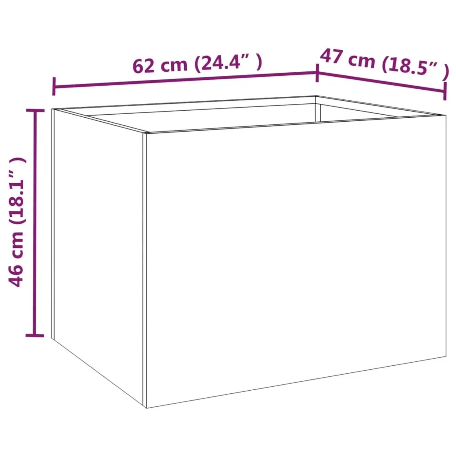 Maßzeichnung des rechteckigen vidaXL Pflanzkübels 62x47x46 cm. Länge, Breite und Höhe sind beschriftet.