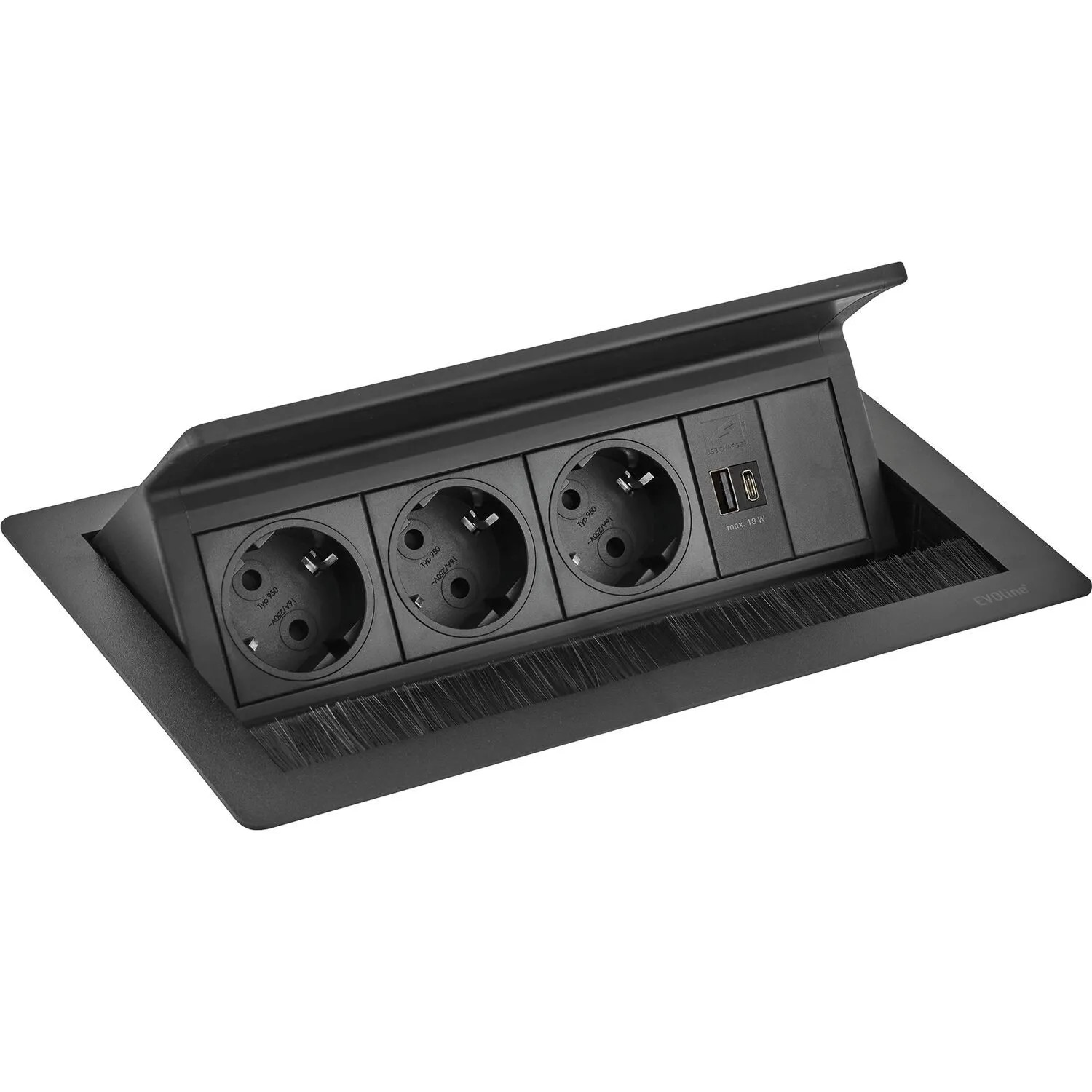 Evoline Flip Top Push M Einbausteckdose M Versenkbare Steckdose 3-Fach mit Usb-A & Usb-C Schwarz