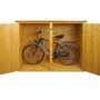 Offene, braune MCW Fahrradgarage H60 aus Holz mit Fahrrad. Abschließbare Fahrradbox für den Garten.