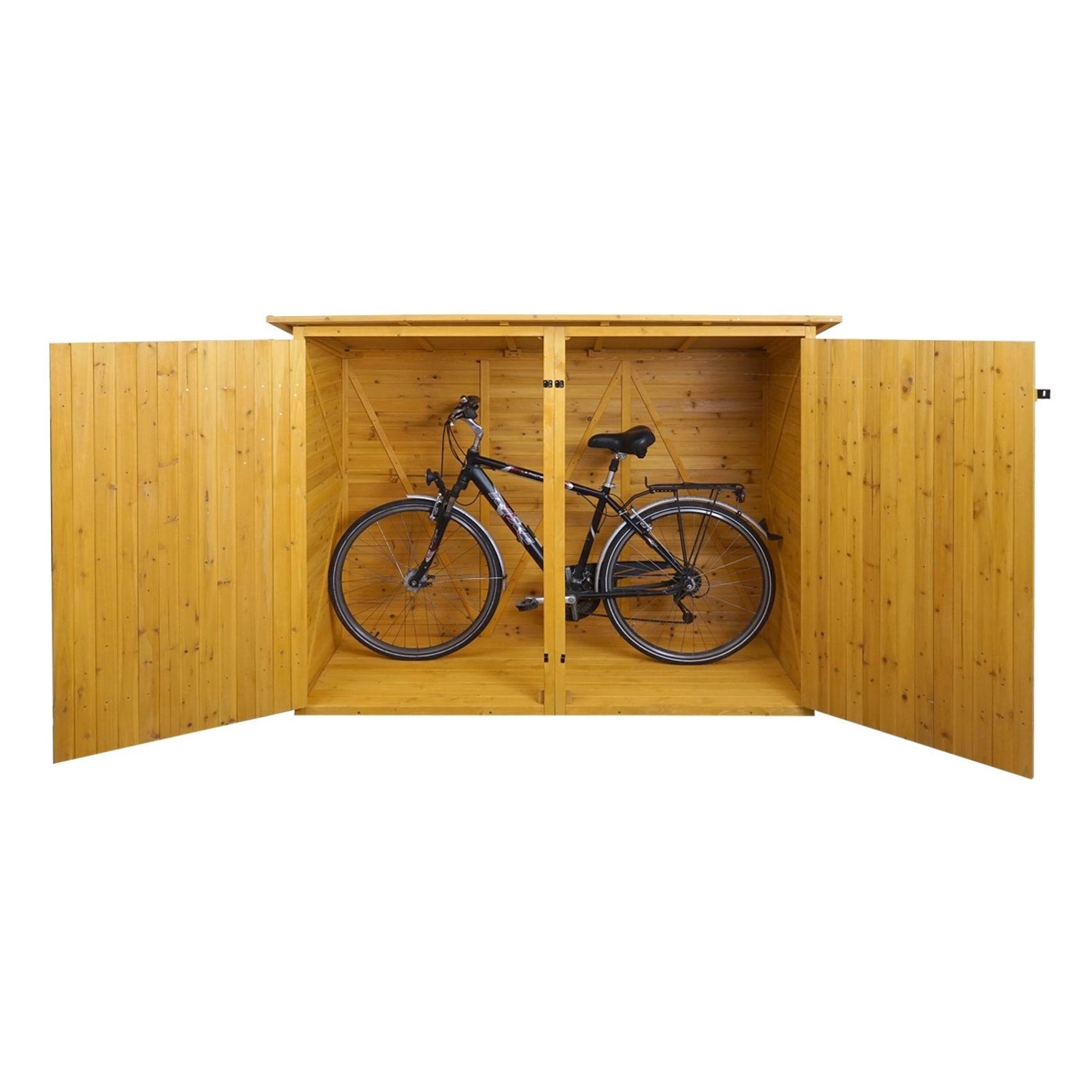 Offene, braune MCW Fahrradgarage H60 aus Holz mit Fahrrad. Abschließbare Fahrradbox für den Garten.