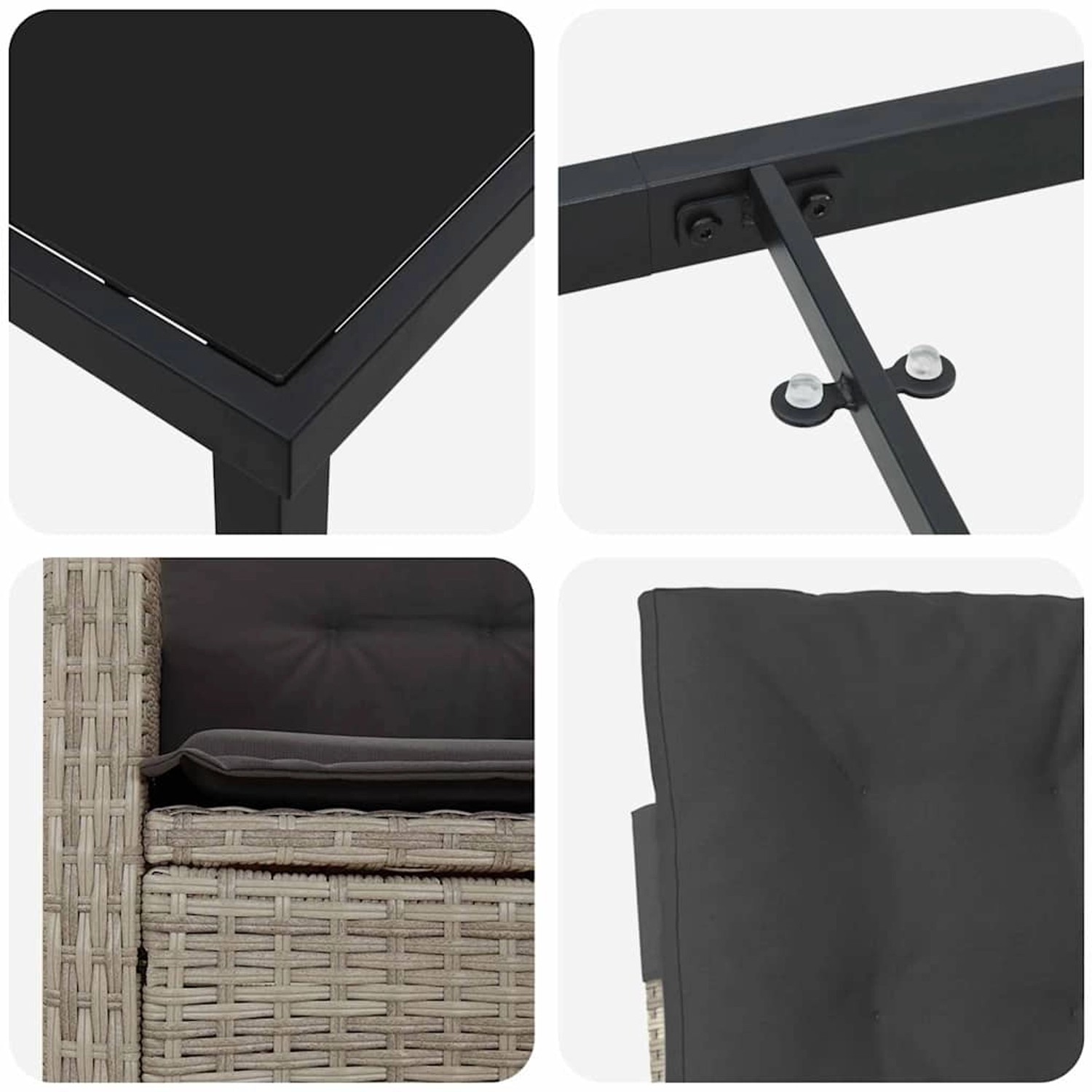 Detailansichten der hellgrauen vidaXL Garten Essgruppe: Tischplatte, Stahlrahmen, Rattanstuhl mit Kissen.