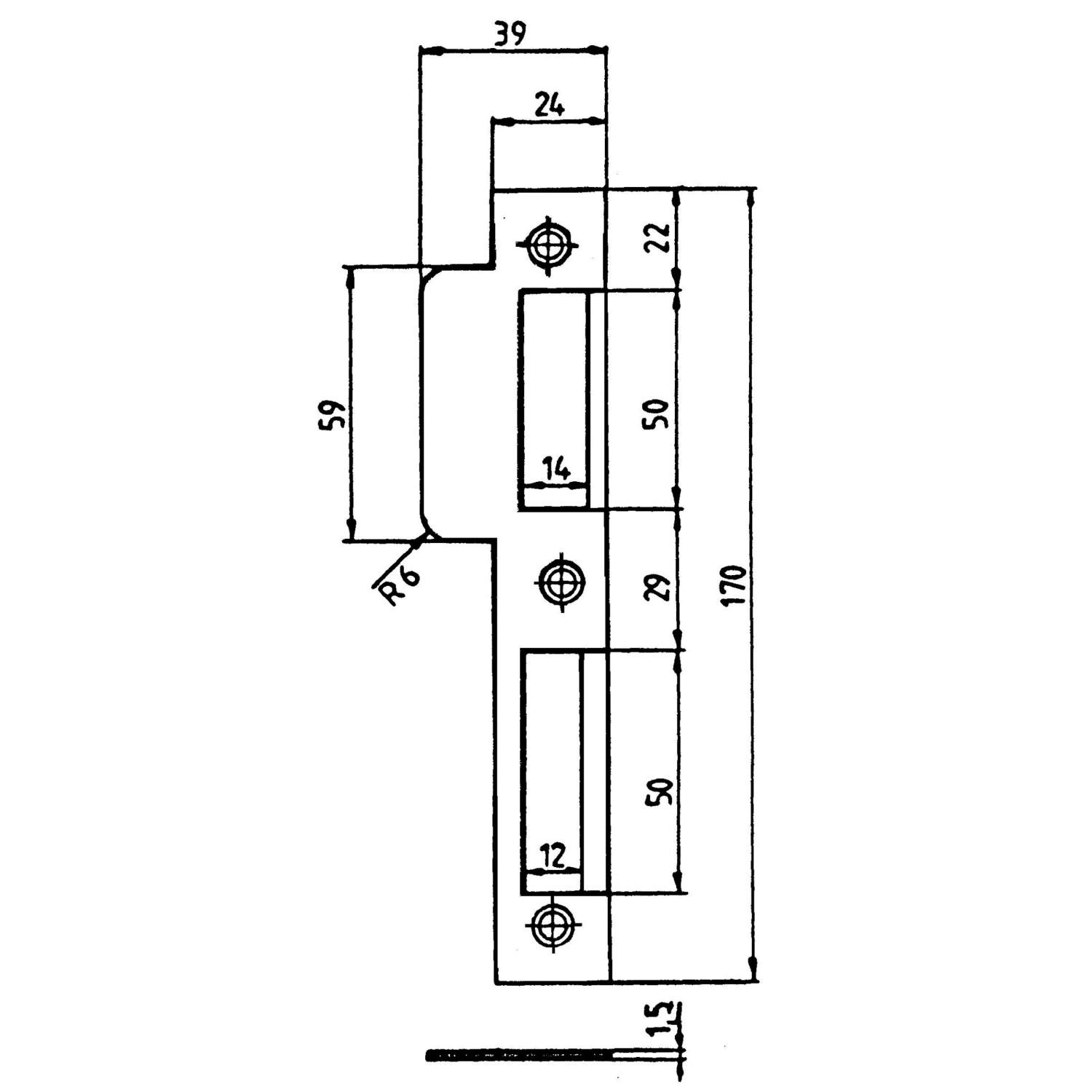 Technische Zeichnung: Silbernes Lappenblech DIN links für Zimmertüren mit Maßangaben.
