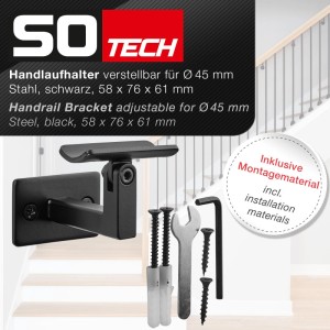 SOTECH Handlaufhalter verstellbar, schwarz pulverbeschichtet, für runde Handläufe Ø 45 mm, inkl. Montagematerial.