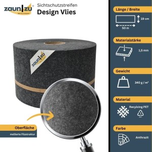 zaunzu Design Vlies Sichtschutz, anthrazit, 50m Rolle für Doppelstabmattenzaun.