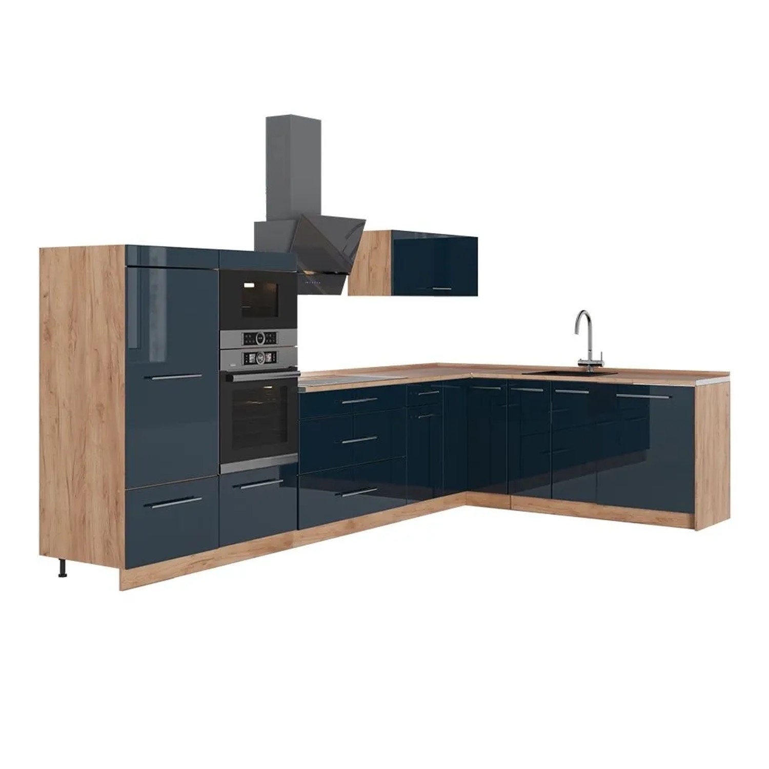 Vicco Eckküche Fame-Line Dunkelblau Hochglanz/Goldkraft Eiche 347 x 154 AP Eiche Art Nr 65716