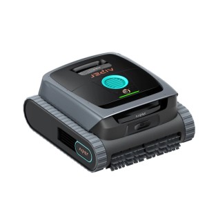 Aiper Scuba S3 Roboter-Poolreiniger in Grau/Schwarz mit Kettenlaufwerk und blauer Anzeige. Reinigt Pools effizient.