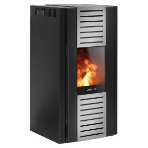 Justus Pelletofen Sirkos Aqua 2.0, Stahl schwarz, wasserführend, mit Sichtfenster und Flammen.