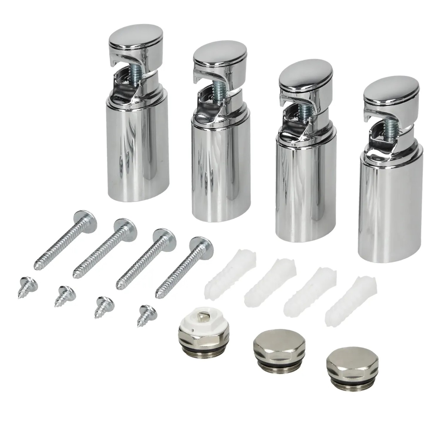 Montageset für LuxeBath Badheizkörper, chromfarben, mit Schrauben, Dübeln und Ventilen.