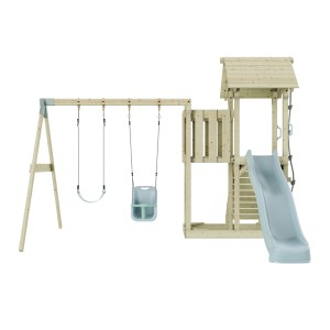 PolarPlay Babyschaukel Uppsala Eisblau mit Spielturm und Rutsche.
