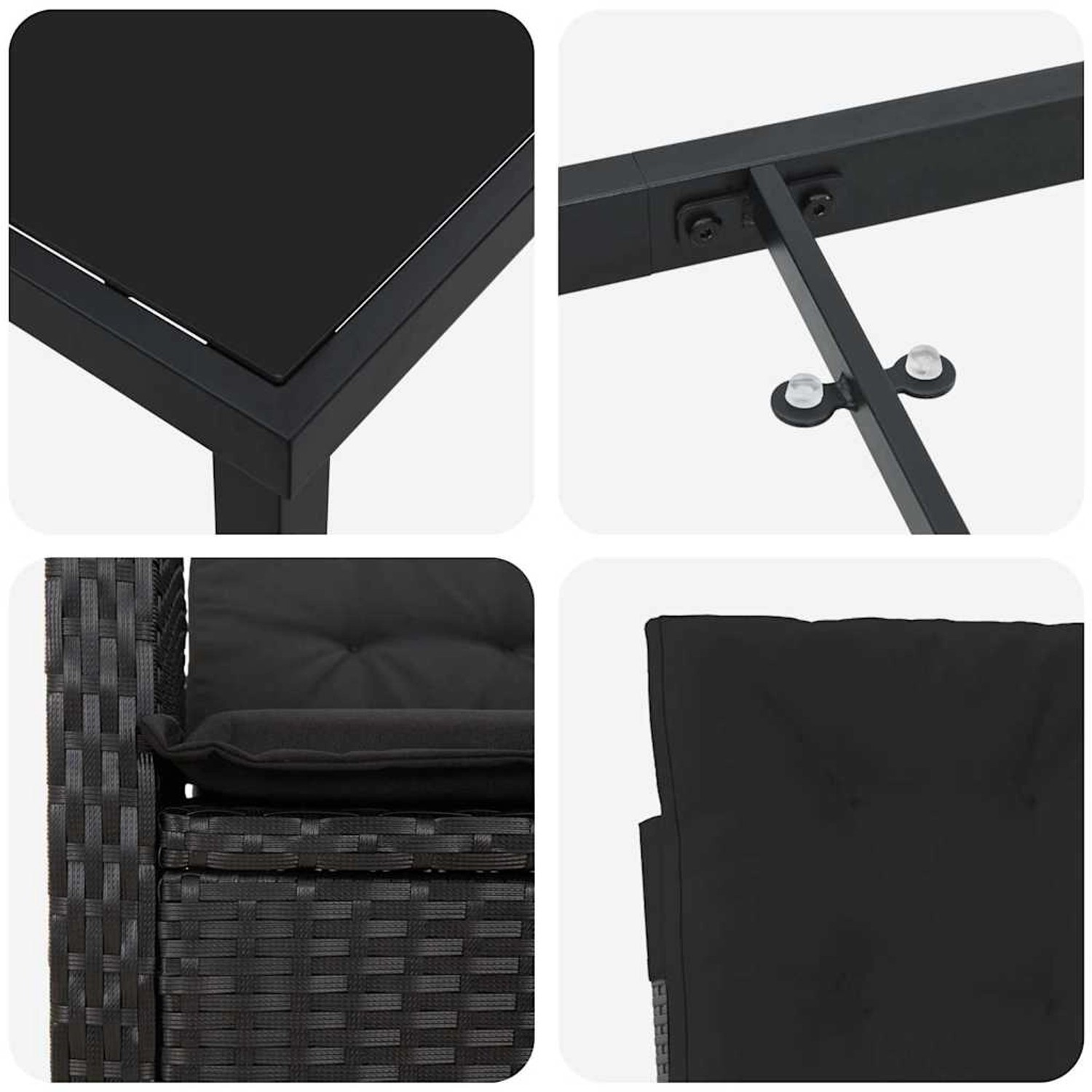Detailansicht vidaXL Garten Essgruppe, 5-tlg, schwarz, Poly Rattan, Tischplatte, Stuhlrahmen, Sitz und Rückenlehne.