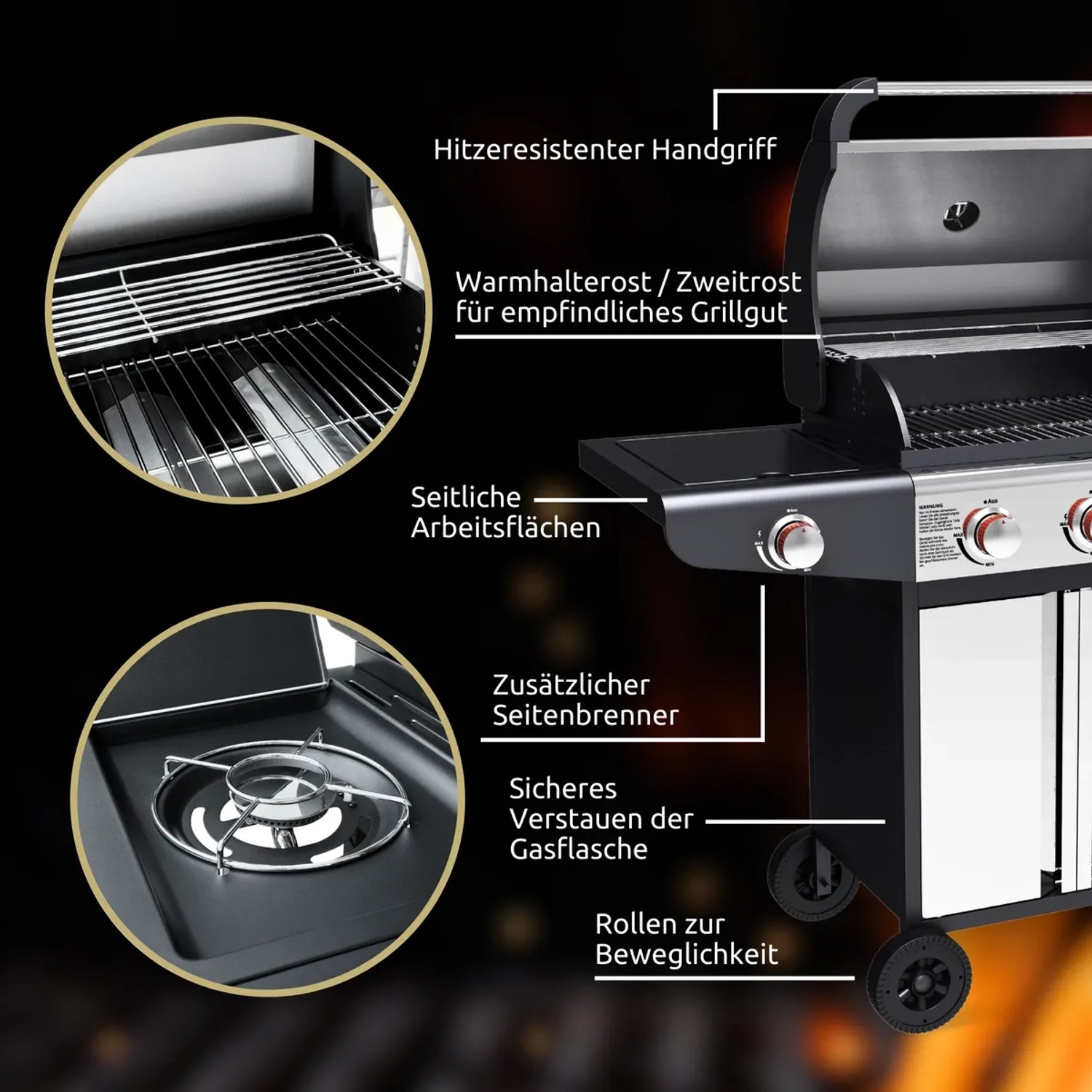 deluxe4home Gasgrill mit Seitenbrenner, Ablageflächen und Thermometer. Ideal für Grillabende.
