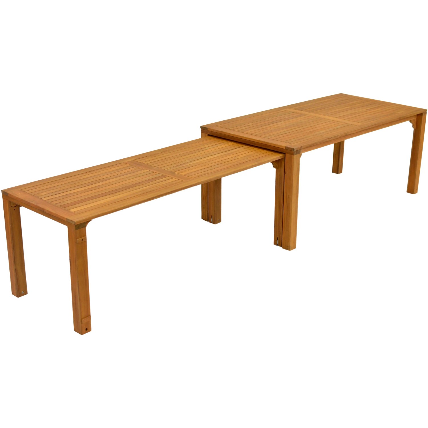 Ausgezogener Merxx Gartentisch Ranzano aus Akazienholz, Teil eines 10-teiligen Gartenmöbel-Sets.