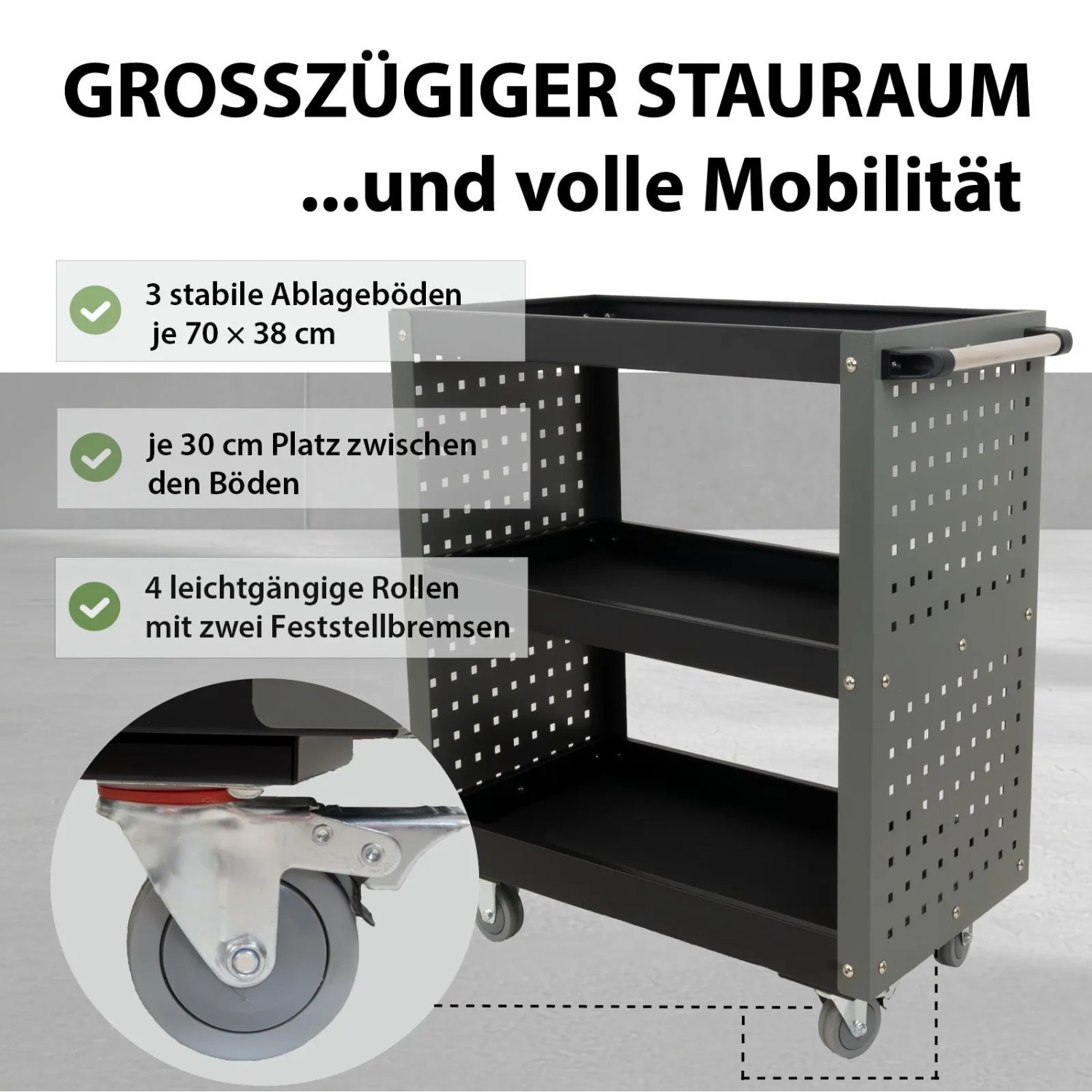 TRUTZHOLM Werkstattwagen 3 Etagen Stahl auf Rollen bis 300kg Tragkraft Grau_4