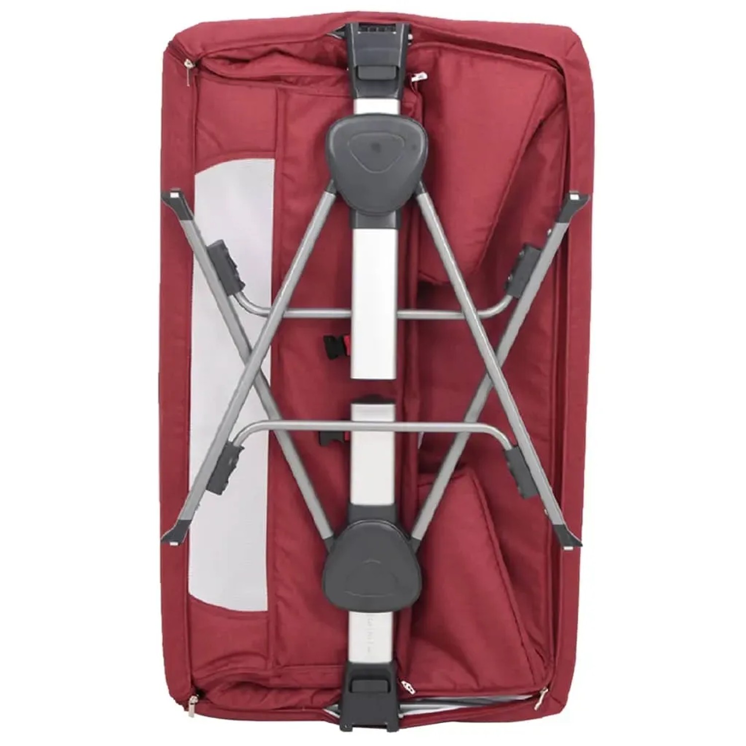 Rotes vidaXL Babybett mit Matratze, zusammengeklappt. Kompaktes Design aus Leinenstoff und Metall.