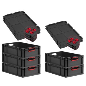 PROREGAL SuperSparSet 5x Eurobox Nextgen Color Mit Auflagedeckel HxBxT 17x40x60cm 34 Liter Schwarz Griffe Rot Offen Eurobehälter Transportbox