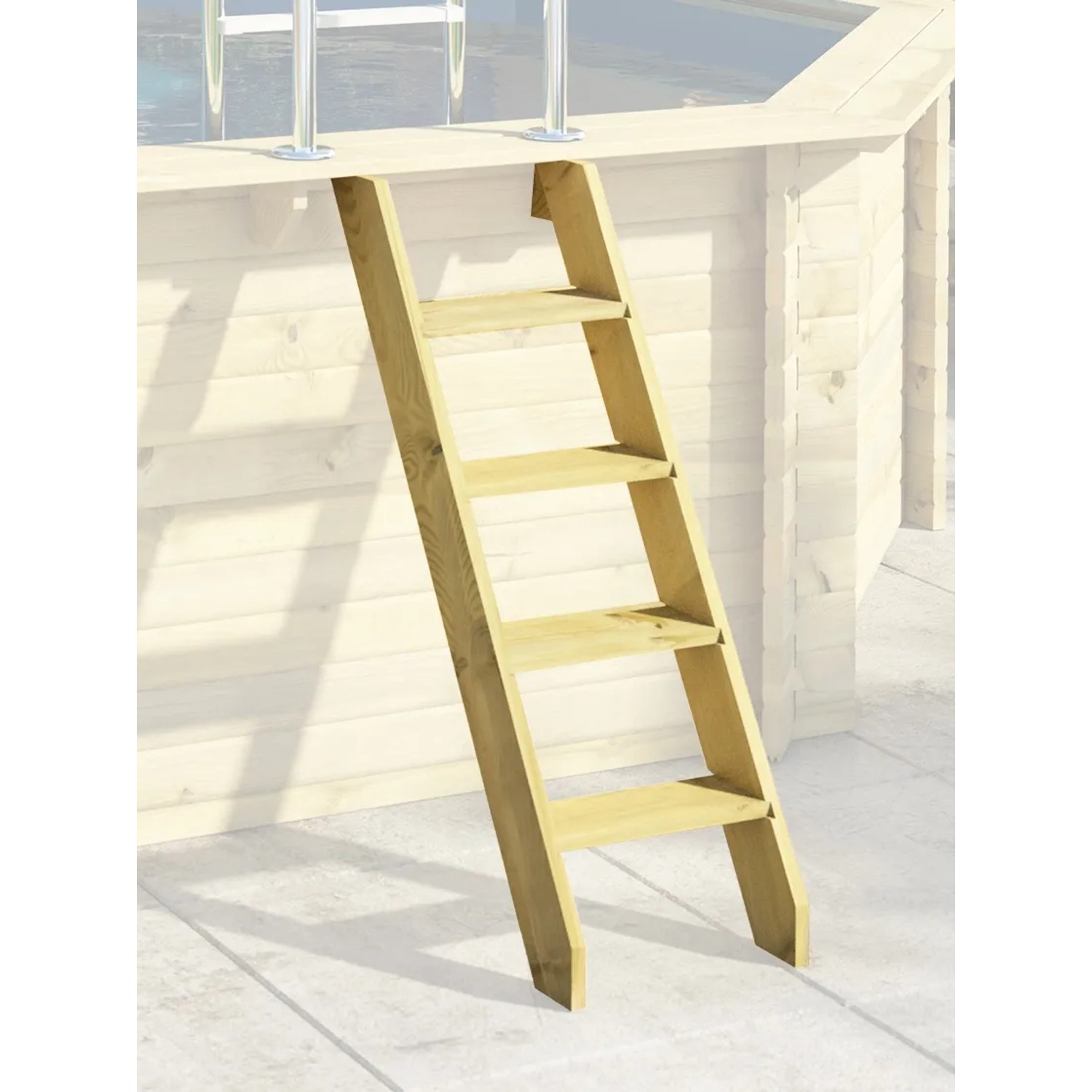 Holzpool Leiter für Karibu Pool Set mit Sonnenterrasse, chromfrei kesseldruckimprägniert.