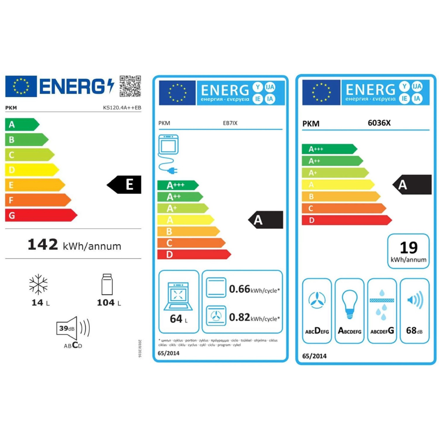Energieeffizienzlabel für PKM Einbaugeräte der Küchenzeile Orlando: Kühlschrank E, Backofen A, Dunstabzugshaube A.