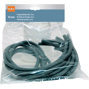 Graues OBI Füllprofil, 10 mm x 5 m, für Fliesenzubehör im transparenten Beutel.
