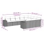 Graue 10-tlg. vidaXL Garten-Sofagarnitur aus Polyrattan mit Kissen, Maße eingezeichnet.