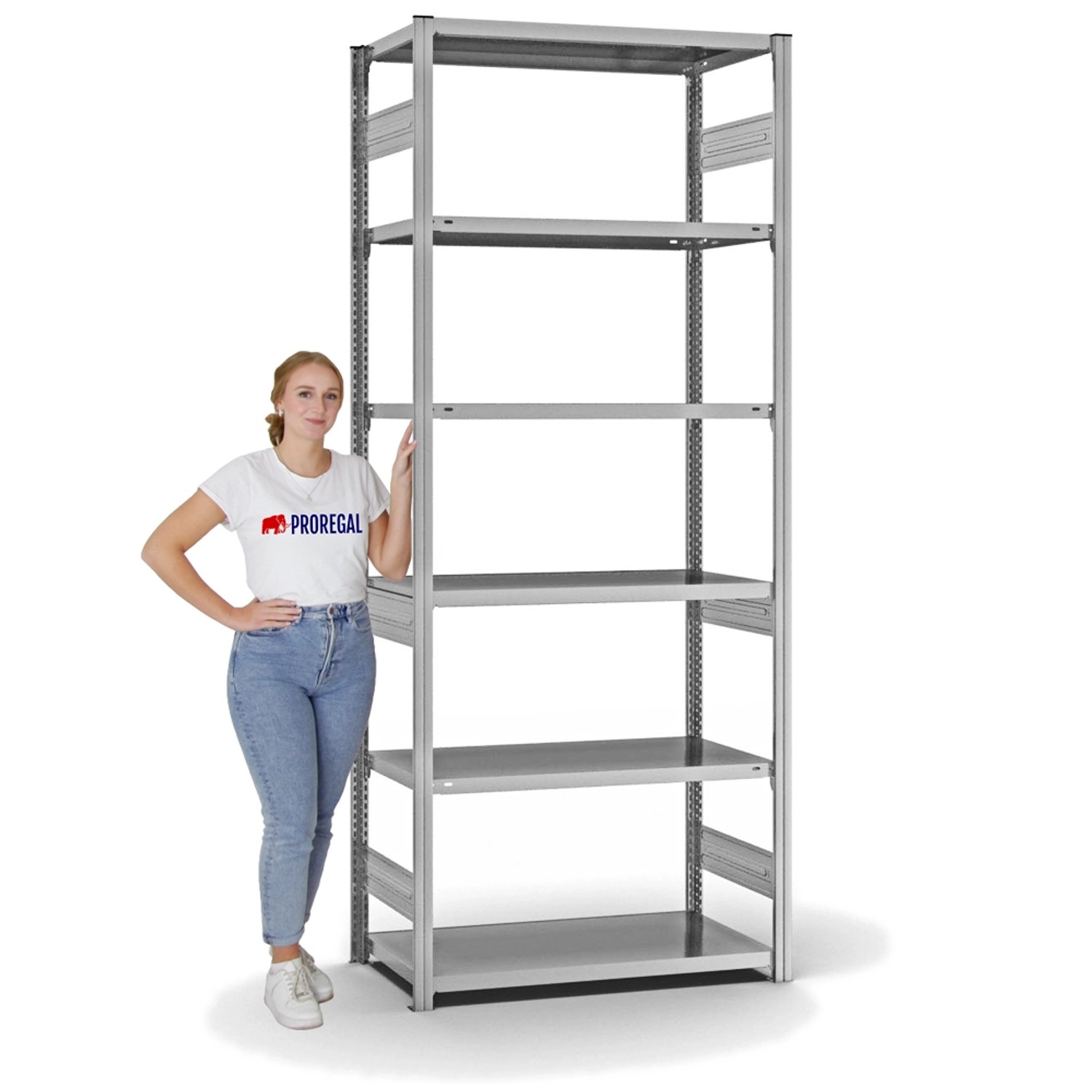 PROREGAL Fachbodenregal, Stecksystem, 6 Ebenen, verzinkt, beidseitig nutzbar, mit Frau zur Größenorientierung.