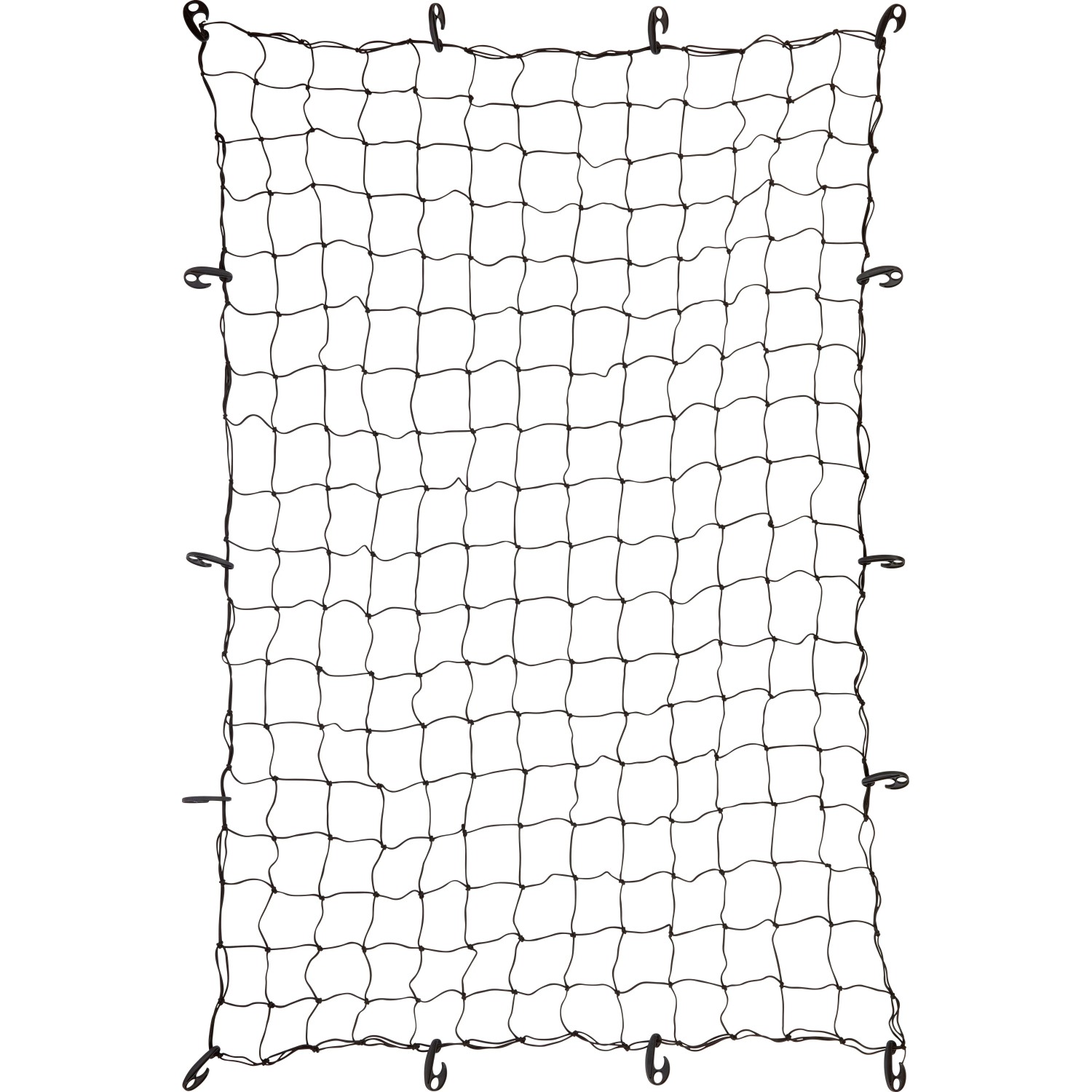 Schwarzes Ladungssicherungsnetz 1,5 x 2,2 m mit Haken zur Gepäcksicherung im Auto.