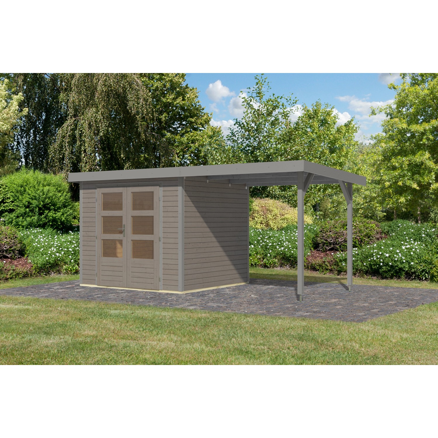 Karibu Gartenhaus Ernesto 3 D m. Anbaudach Wassergrau/Grau 209 x 238 x 213 günstig online kaufen