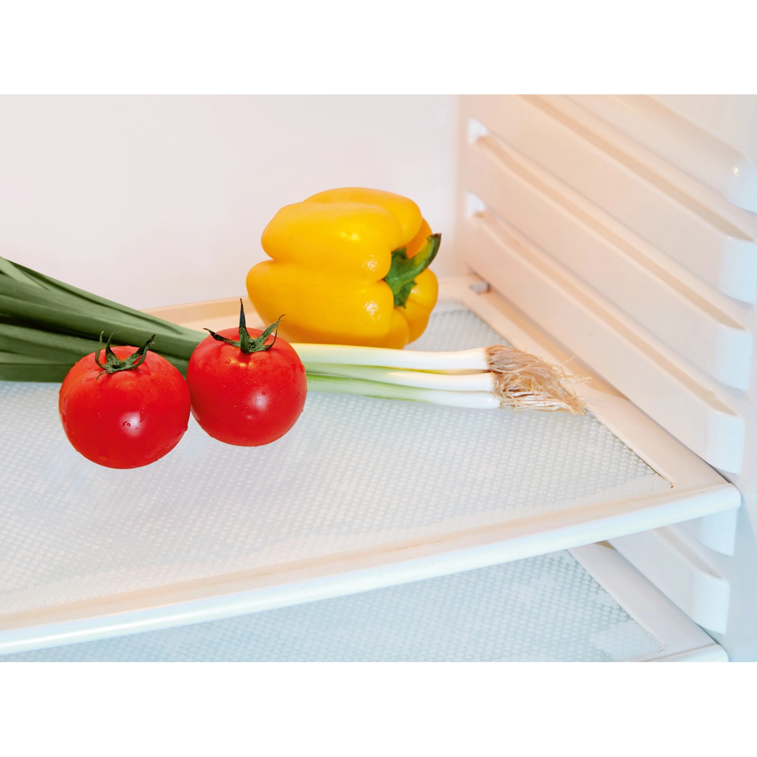 Kühlschrankmatte 50x50 cm auf einem Kühlschrankboden mit Gemüse.