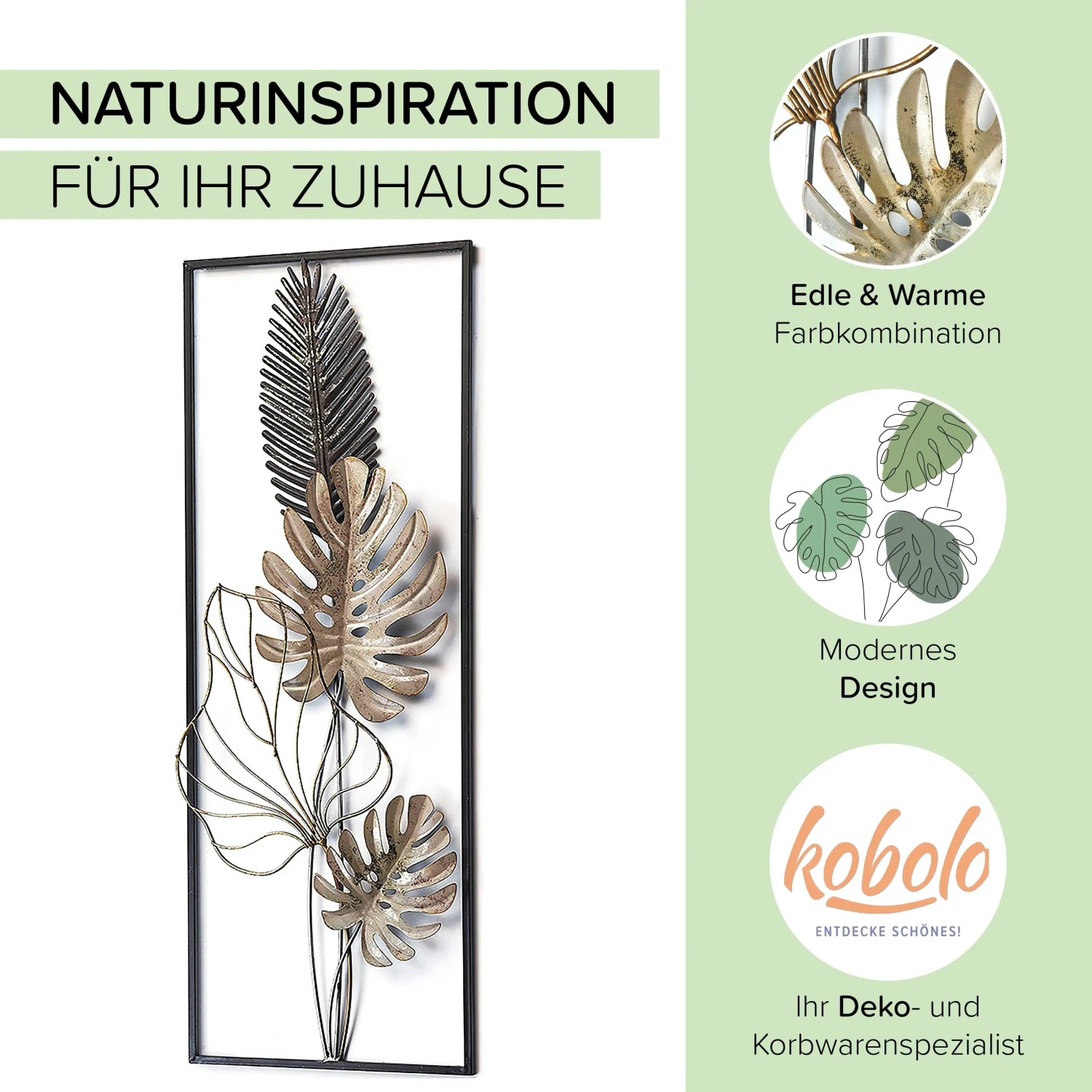Kobolo Wandbild MONSTERA aus Metall, 29x74 cm, schwarz und goldfarben. Wanddeko für Wohnaccessoires.